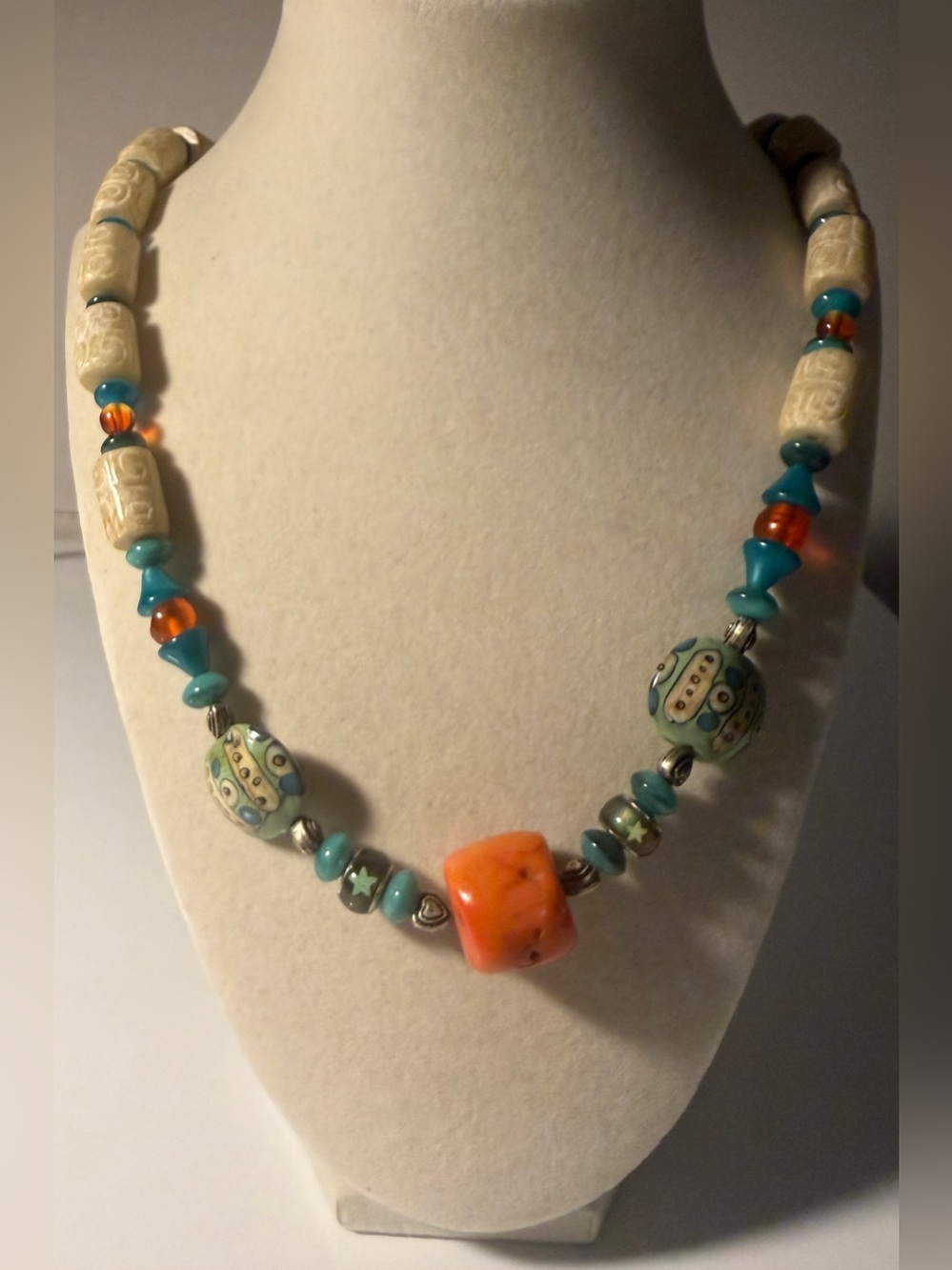 Turquoise and Orange Beaded Statement Necklace